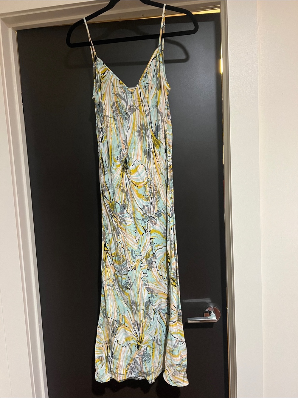 DVF V-Neck Floral Print Spaghetti Strap Slip Dress in Yellow & Aqua